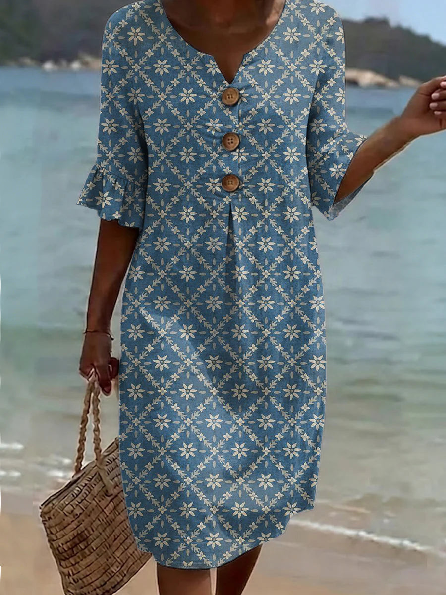 Floral Art Print Short Sleeve Retro Dress